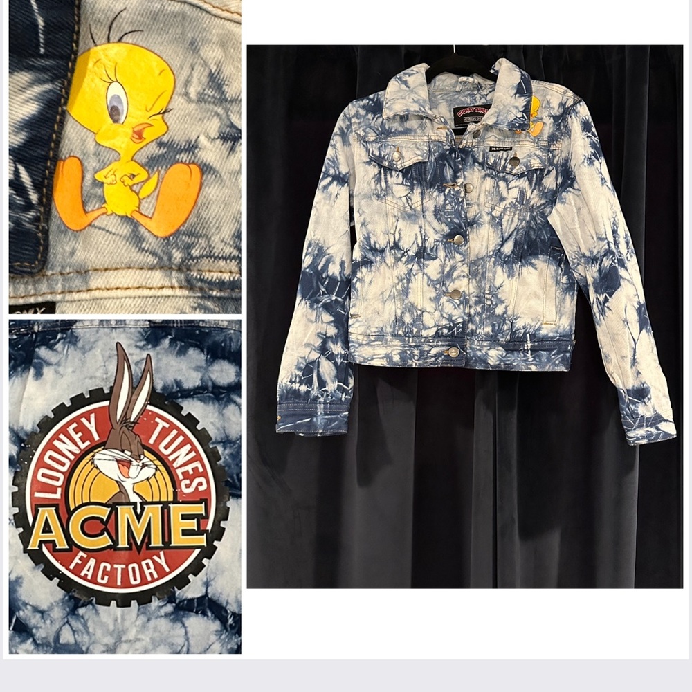 Members Only Women's Bull Denim Looney Tunes Trucker Jacket Size Small Tie-Dye